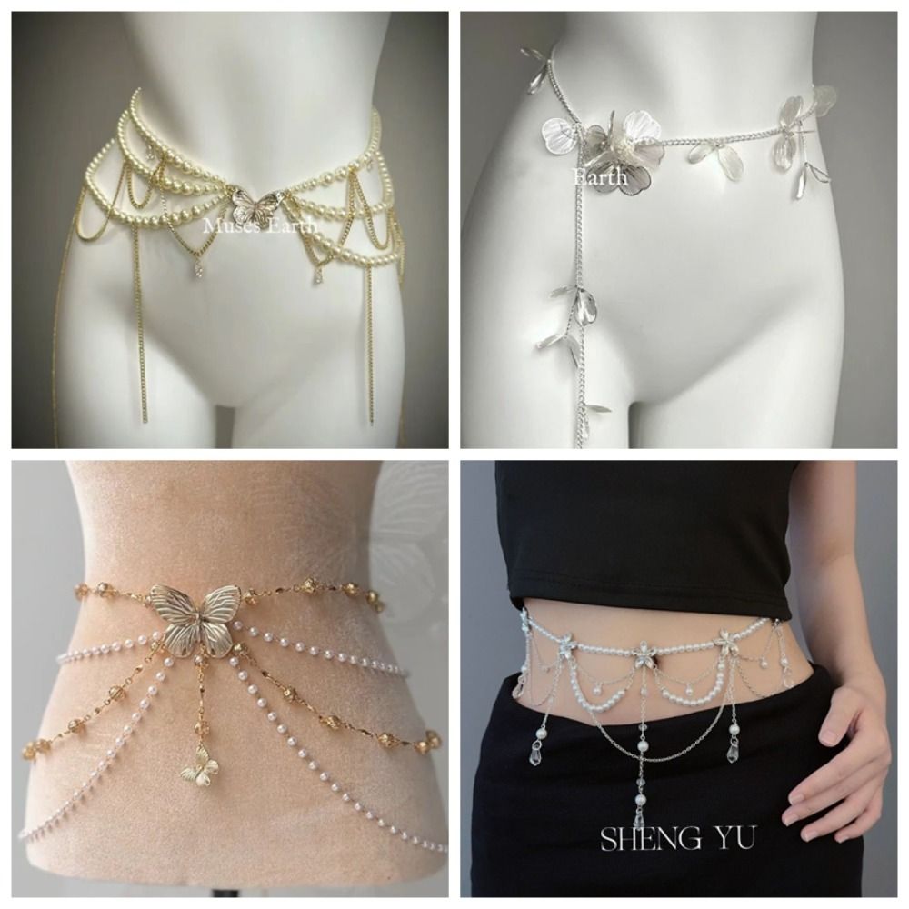 Body Jewelry Women - Eleganckie łańcuszki do talii z perłami,