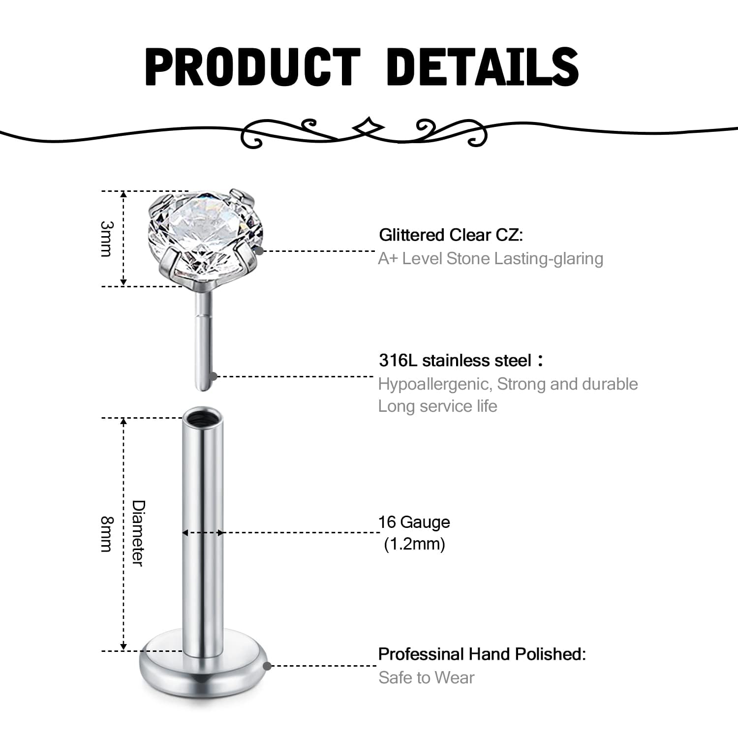 16G Push In bezgwintowe kolczy – Flat Back Labret Stud recenzja i cena